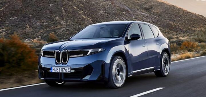 Frontale ridisegnato della iX3: fari sottili e nuova interpretazione della griglia chiusa BMW.
